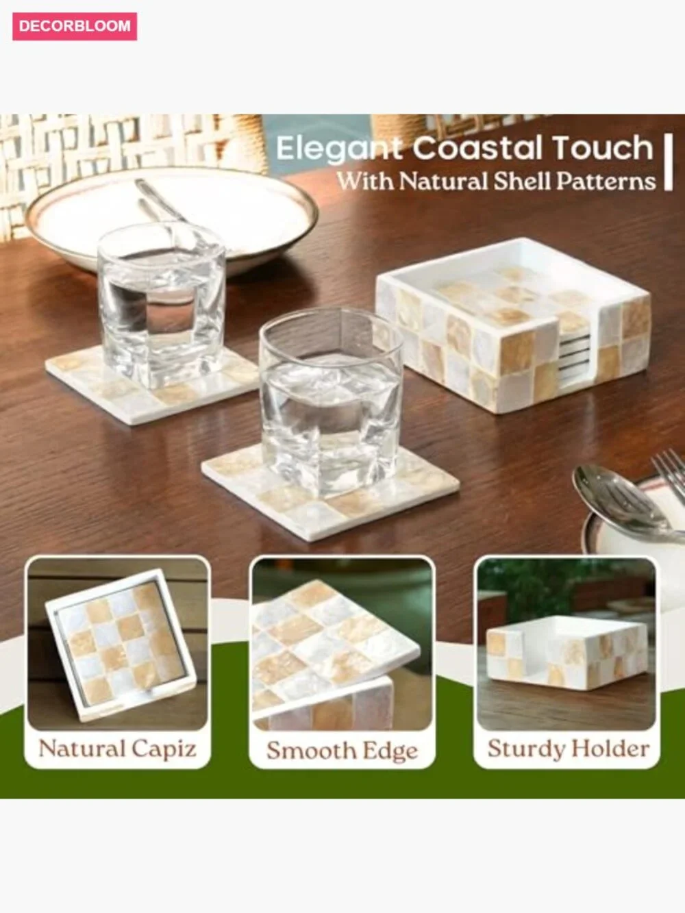 Set of 6 Capiz Shell Checkered Coasters with Holder
